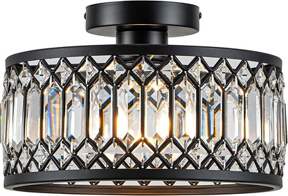 Crystal Ceiling Light Fixture, Modern Flush Mount Ceiling Light, Black Crystal Chandelier for Kitchen Bedroom Bathroom Entryway Hallway
