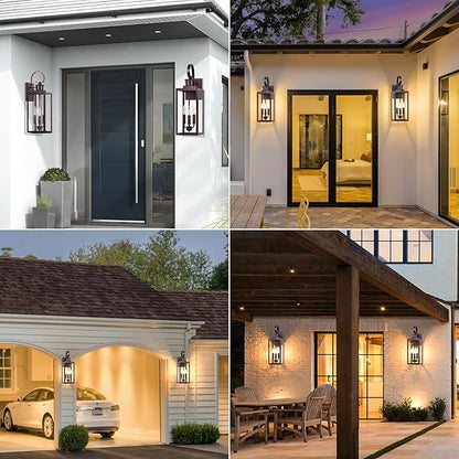 19" Large Outdoor Wall Lights, 3-Light Brown Waterproof Exterior Wall Light Fixtures with Clear Glass Shades, Farmhouse Outdoor Wall Sconces Lantern for House, Porch, Patio, Garage, Front Door, 1-Pack