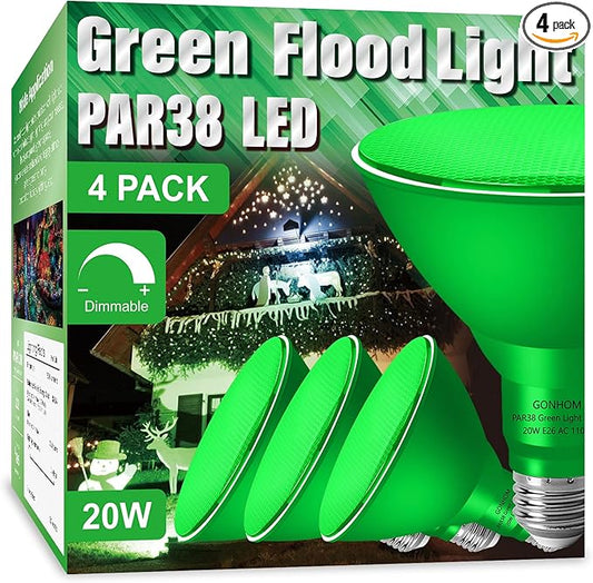 PAR38 Flood Lights Outdoor,Dimmable LED Flood Light Bulbs,20W(Equivalent to 200W),E26 Base,Outdoor Porch,Holiday Lighting,LED Flood Light Bulb for Halloween,Christmas,4 Pack Green