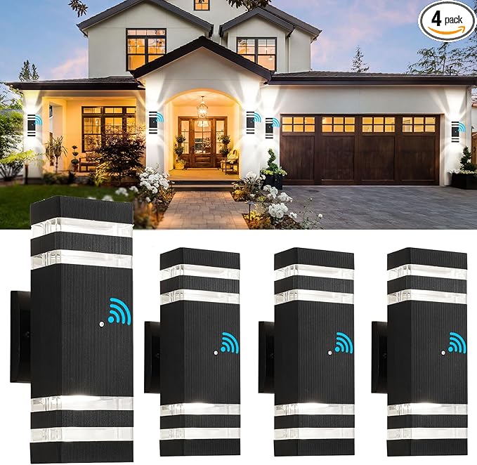tewei 4 Pack Dusk to Dawn Outdoor Wall Lights Modern Exterior Light Fixture, 2-Layer Black Outside Lights for House, IP65 Waterproof Up and Down Outdoor Sconces Wall Lighting for Garage Porch, 3000K