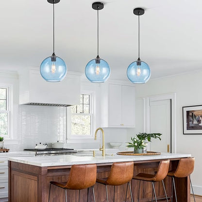 Blue Glass Pendant Lights Kitchen Island Lighting Modern Globe Pendant Light Fixtures Modern Pendant Lights for Kitchen Island Bedroom Living Dining Room Light Fixture-9.8inch