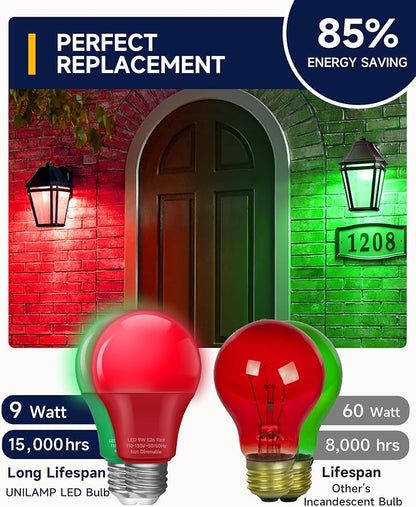 UNILAMP Red and Green Light Bulbs, 9W A19 LED Christmas Light Bulb, E26 Red Green Light Bulbs, 60W Equivalent, Color Bulb for Christmas Party Outdoor Porch Decoration, 4 Pack