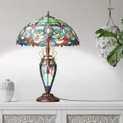 RIVER OF GOODS 24.5" H Victorian Green Dome Shade Double Lit Tiffany-Style Stained Glass Table Lamp