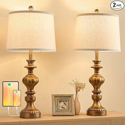 27.5" Farmhouse Table Lamps Set of 2 Bedside Nightstand Lamp with USB C+A Ports & AC Outlet, 3 Way Dimmable Lamps for Bedroom Living Room Office Rustic Lamp (Rotary Switch-Copper)
