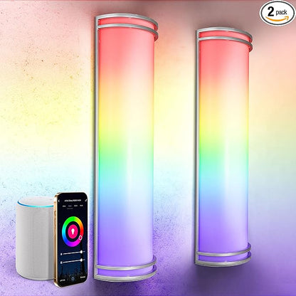 ASD 24 Inch Smart RGBW LED Outdoor & Indoor Wall Mount Light Fixture - Nickel RGB Wall Sconce Exterior Lighting - 120-277V 23W 2700-6500K Dimmable, Remote Control, Alexa - Front Door, Patio ETL 2 Pack