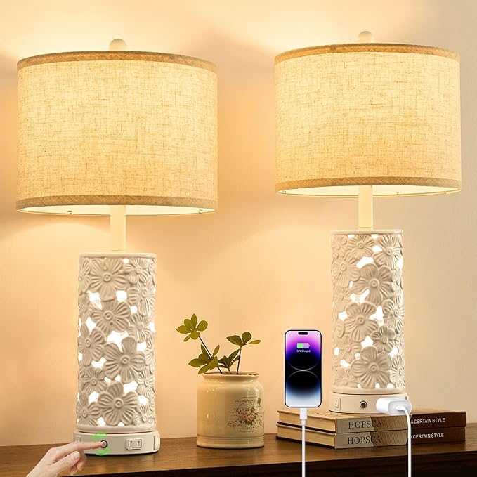 25.5" Modern Ceramic Table Lamp Set of 2 - Bedroom Nightstand Lamp for Living Room, White Bedside Lamp Farmhouse Night Stand Light Lamp for Study Room Office (Ceramic-2 Pack)