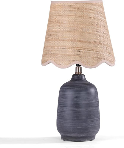 19" Boho Ceramic Table Lamp, Handmade Ceramic Base with Rattan Shade, Farmhouse Plug-in Bedside Nightstand Lamps for Bedroom, Living Room, E26 Socket, Black with White Striped