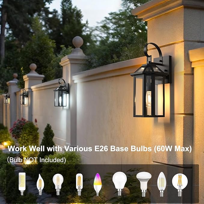 Outdoor Wall Lights, 20.24 Inch Large Waterproof Outside Wall Lantern Sconce, Clear Glass Exterior Lamp for House, Porch, Garage, 1-Light, (E26 Bulb Base, Black)