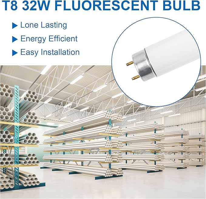 48 Inch F32T8/841 32W T8 Fluorescent Light Bulb, 4100K Cool White, 2800 Lumens, G13 Bi-Pin Base, 4FT T8 Fluorescent Tube Light Bulbs - 5 Pack