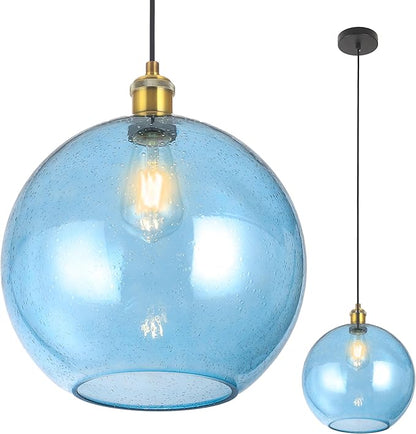 Blue Glass Pendant Lights Kitchen Island Lighting Globe Pendant Light Fixtures Modern Kitchen Island Lighting for Dining Room Bedroom -9.8inch