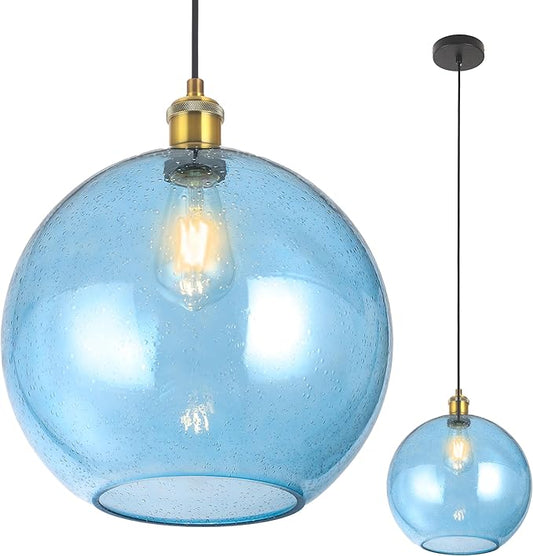 Blue Glass Pendant Lights Kitchen Island Lighting Globe Pendant Light Fixtures Modern Kitchen Island Lighting for Dining Room Bedroom -9.8inch