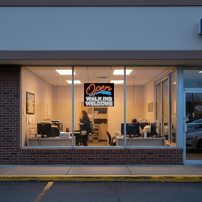 Open Walk Ins Welcome Neon Sign - Large 30" Wide x 24" high - Real, Quality Hand Bent Neon - Bright Red & White Letters with Blue Underlines