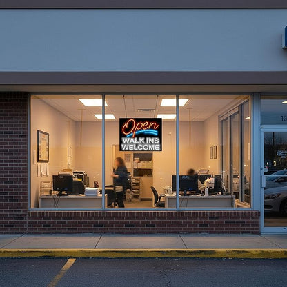 Open Walk Ins Welcome Neon Sign - Large 30" Wide x 24" high - Real, Quality Hand Bent Neon - Bright Red & White Letters with Blue Underlines