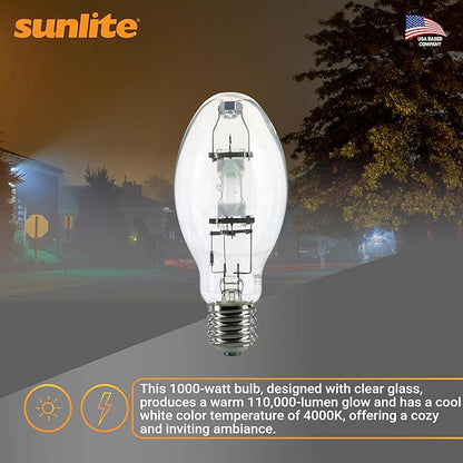 Sunlite 03680-SU MH1000/U/BT37 M47 Metal Halide Lamp, 1000 Watts, Mogul Base (E39), BT37, 12,000 Hours Life, 110,000 Lumen, Clear Finish, 4000K