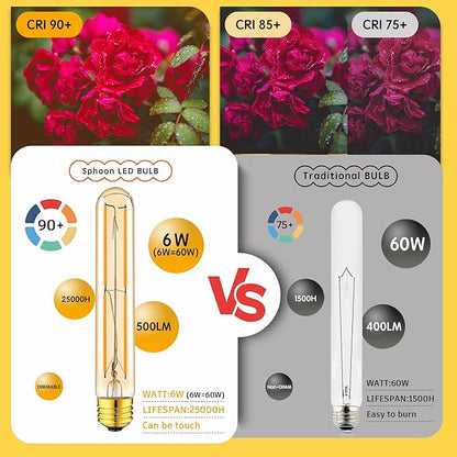 Tubular Light Bulb 7.3 Inch Dimmable T10 LED Bulb E26 6W 60 Watts Edison Bulbs Amber 2200K Warm White,185mm Long for Wall Sconces, Pendant, Livingroom, 4-Pack