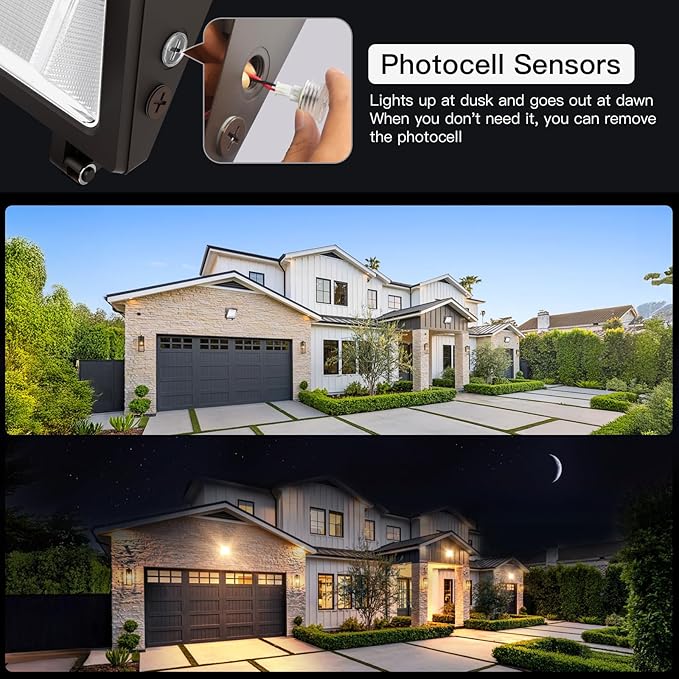 JTT LED Wall Pack Lights Outdoor with Dusk to Dawn Photocell, Selectable 75W/60W/45W, 9750LM/7800LM/5850LM, 6000K/5000K/4000K,Waterproof Flood Security Wall Pack Lighting for Garage Yard Parking Lot