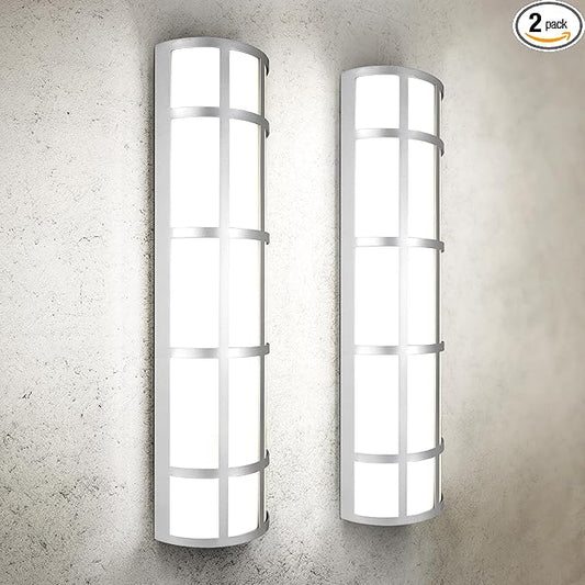 ASD 24 Inch LED Outdoor Wall Mount Light Fixture with Grid - Brushed Nickel Modern Wall Sconce - 25W 120-277V 3000K 4000K 5000K Adjustable - Dimmable Exterior Lights - Front Door, Patio - ETL 2 Pack