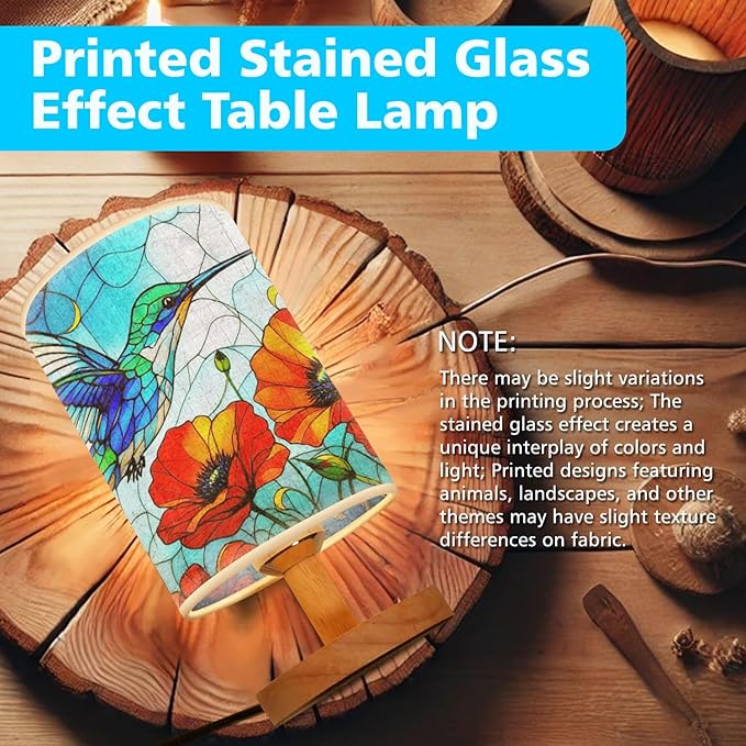 Poppy Humminhbird Table Lamp LED 3-Color Pressed Bedside, Poppy Humminhbird Shade Lamp with Wood Base for Bedroom Living Room Desk Office