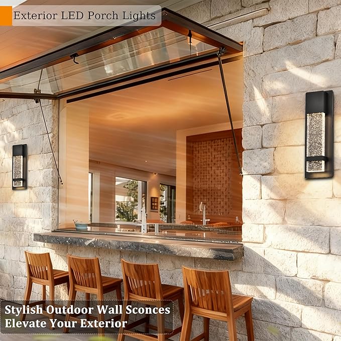 Modern LED Outdoor Wall Sconce, 13.8'' Black Exterior Wall Light Fixture with Crystal Bubble Glass, Hardwired Outdoor Light for Porch, Patio, Garage, Coach Lights, Waterproof Wall Mount Sconce