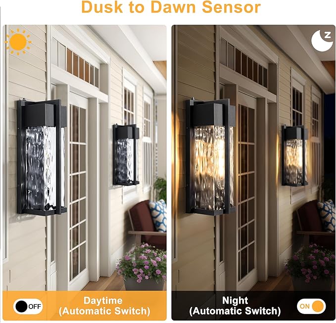 18IN Modern Exterior Lighting Fixtures(T300 Bulb Included), Dusk to Dawn Outdoor Lighting Waterproof Rippled Glass Wall Sconces, Open Bottom Outside Lights for House, Porch, Garage