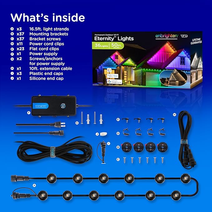 Enbrighten Vibe Eternity Permanent Outdoor Lights, 50ft, 36 RGBWIC LEDs, Smart Everyday Accent Lights, IP67 Waterproof, Compatible with Alexa, Google Home, Black, 82729