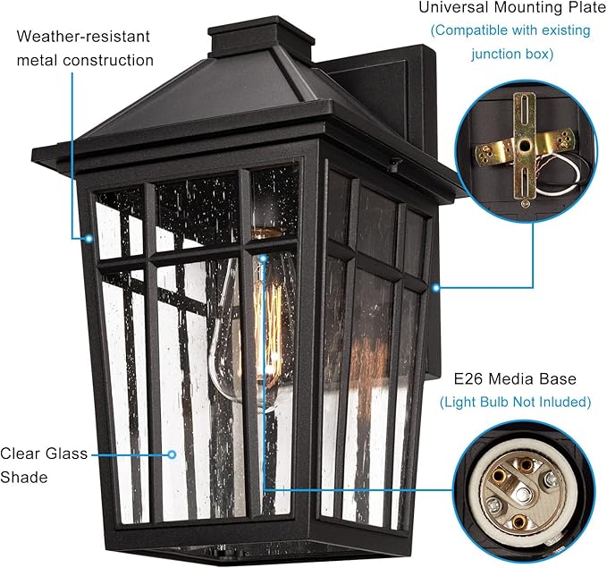 Darkaway 2pcs Outdoor Sconce Lights Wall Light Fixtures, 14inch Large Porch Light Outdoor Wall Anti-Rust Black Aluminum with Glass for Patio Yard Doorway Garage