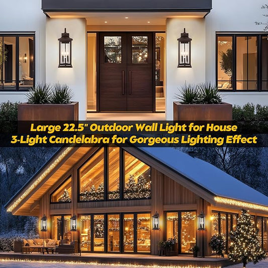 3-Light Extra Large 23” Outdoor Light for House Oil Rubbed Bronze, IP65 Waterproof Brown Exterior Light Fixture with Clear Tempered Glass Outside Wall Mounted Lamp Front Porch Light, E12