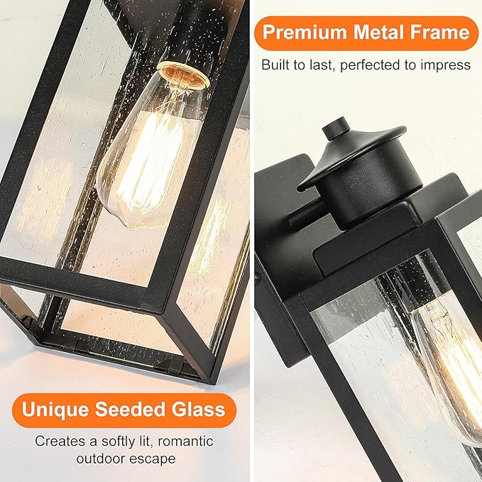 BesLowe 2-Pack Outdoor Wall Lights, Exterior Lighting Fixtures Wall Mount, Waterproof Porch Lights Outdoor Wall Sconces with Seeded Glass, Matte Black Outside Lights for House Front Door Patio Garage
