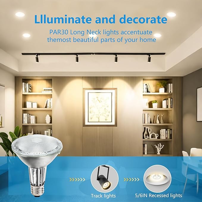 PAR30 Long Neck Halogen Flood Light Bulbs, 120V 60W, Dimmable High Output, E26 Medium Base, 2700K Warm Lighting, 3000 Hours for Recessed Light Bulb, 6 Pack