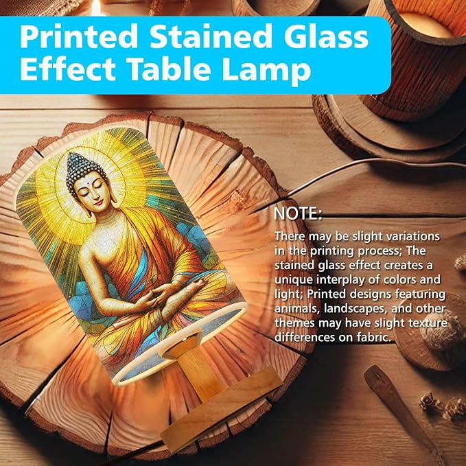 Buddha Table Lamp LED 3-Color Pressed Bedside, Buddha Shade Lamp with Wood Base for Bedroom Living Room Desk Office TL01