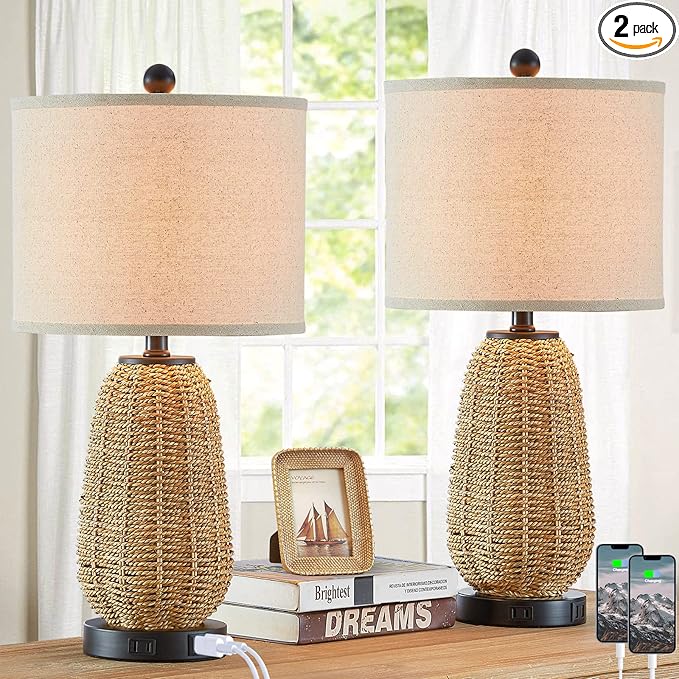 Touch Control Rattan Table Lamps, 3 Way Dimmable Bedside Lamps for Bedroom Set of 2 with 2 USB Ports and AC Outlet, Nightstand Lamps for Living Room (LED Bulbs Included), Grass