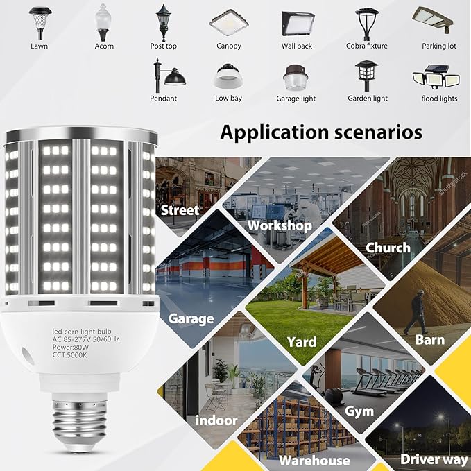 80W LED Corn Light Bulb(800W Equivalent ) 6 pack,Commercial Grade DayLight 5000K E26/E39 10500LM Medium Mogul Base LED Lamp,Large Area Lights For Outdoor Indoor Garage Warehouse Factory Bay Light