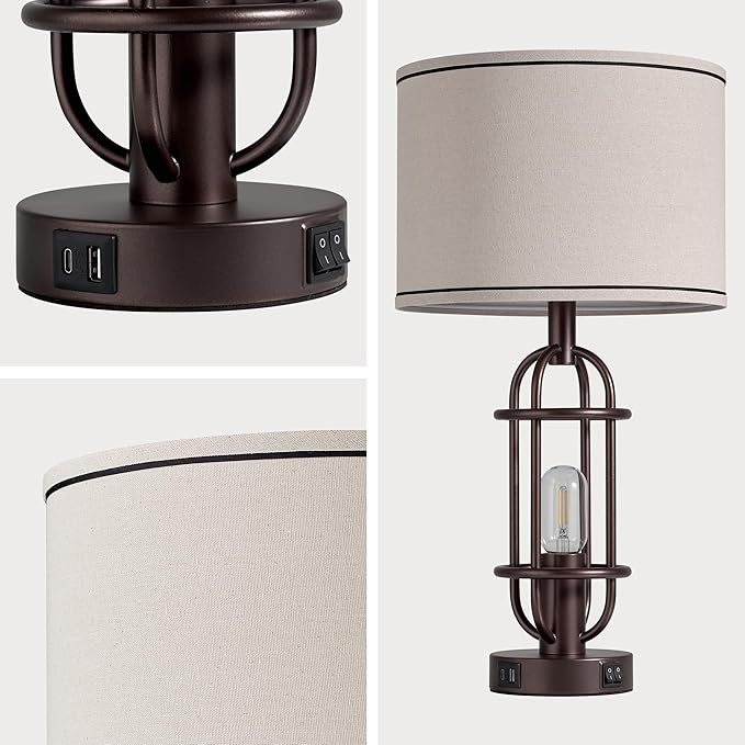 Living Room Lamps Set of 2, 22.3" Farmhouse Table Lamp for Bedroom, Vintage Lamps for Night Stands with USB Ports, Oil Rubbed Bronze