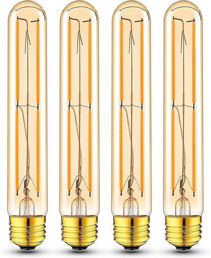 Tubular Light Bulb 7.3 Inch Dimmable T10 LED Bulb E26 6W 60 Watts Edison Bulbs Amber 2200K Warm White,185mm Long for Wall Sconces, Pendant, Livingroom, 4-Pack