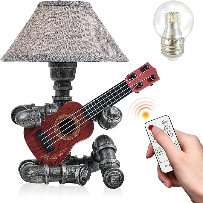 Music Guitar Table Lamp Art Decor Guitar Stuff Cool Gifts for Music Lovers Microphone Players for Men Steampunk Pipe Man Edison Bulb Lamps Retro Guitars Metal Pipe Industrial Robot Lights Silver Gray