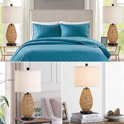 Touch Control Rattan Table Lamp, 3 Way Dimmable Bedside Lamp for Bedroom with 2 USB Ports and AC Outlet, Wicker Nightstand Lamps for Living Room(LED Bulb Included), Rattan-1PK