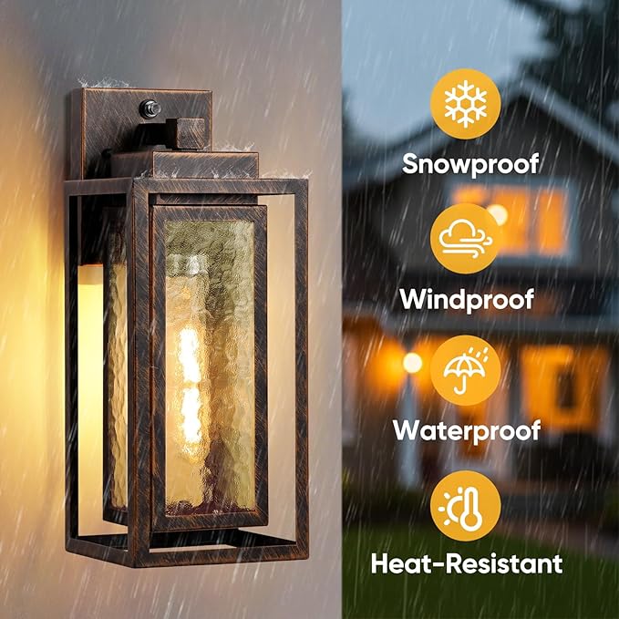 Dusk to Dawn Outdoor Wall Lantern, Water Ripple Exterior Porch Light Fixture Black Gold, 2 Pack Sensor Outside Lantern Lamp, Porch Mount Lamp for Doorway, Waterproof Wall Sconce Light (Bulb Included)