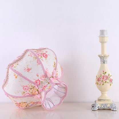 Cute Table Lamp with Fabric Lampshade, Antique Flower Decorative Bedside Desk Nightstand Lamp, Handmade Night Light for Bedroom Living Room (Pink and Beige)