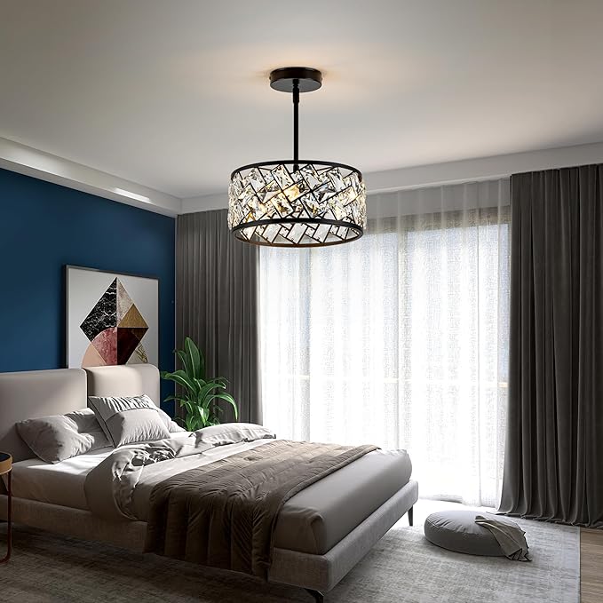 3-Light Crystal Ceiling Light Fixture, Modern Semi Flush Mount Ceiling Light, Black Crystal Chandelier for Kitchen Bedroom Bathroom Entryway Hallway
