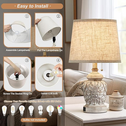 19.5" Vintage Rustic Table Lamp Set of 2 Farmhouse Table Lamps for Living Room Bedroom Decor with USB Ports Traditional Carved Floral White Bedside Night Light Lamps with Pull Chain Switch