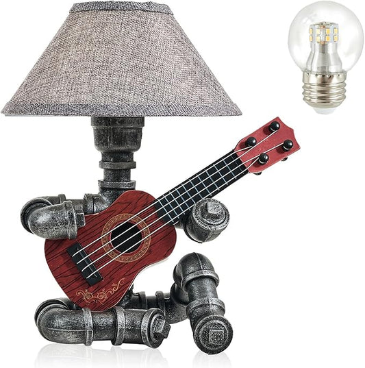 Music Guitar Table Lamp Art Decor Guitar Stuff Cool Gifts for Music Lovers Microphone Players for Men Steampunk Pipe Man Edison Bulb Lamps Retro Guitars Metal Pipe Industrial Robot Lights Silver Gray