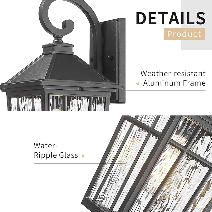 Darkaway 2pcs Large Outdoor Wall Lights for House, 18inch Exterior Lighting Fixtures Wall Mount Outdoor Porch Lights Black Outside Sconce Lights with Water Ripple Glass for Patio Garage Hallway