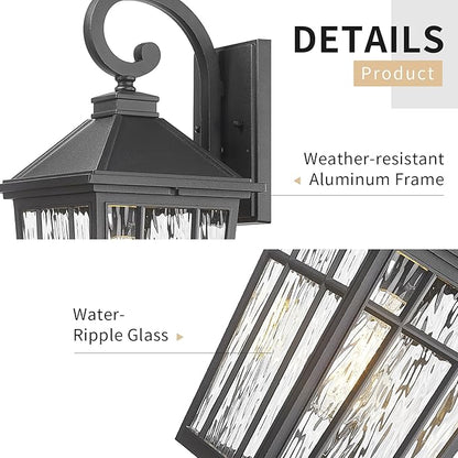 Darkaway 2pcs Large Outdoor Wall Lights for House, 18inch Exterior Lighting Fixtures Wall Mount Outdoor Porch Lights Black Outside Sconce Lights with Water Ripple Glass for Patio Garage Hallway