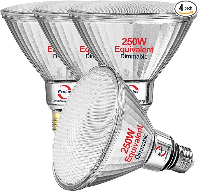 Explux 250 Watt Equivalent PAR38 LED Flood Light Bulbs, Super Bright 3000 Lumens, Dimmable, Full-Glass Outdoor Waterproof & Anti-Ageing, 3000K Bright White Spotlight, 4-Pack