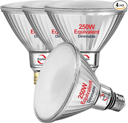 Explux 250 Watt Equivalent PAR38 LED Flood Light Bulbs, Super Bright 3000 Lumens, Dimmable, Full-Glass Outdoor Waterproof & Anti-Ageing, 3000K Bright White Spotlight, 4-Pack