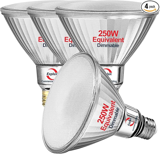 Explux 250 Watt Equivalent PAR38 LED Flood Light Bulbs, Super Bright 3300 Lumens, Dimmable, Full-Glass Outdoor Waterproof & Anti-Ageing, 5000K Daylight Spotlight, 4-Pack