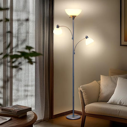 Brightech Sky Dome Double LED Floor lamp, Torchiere Super Bright Floor Lamp with 2 Reading Lamps for Living Rooms & Offices - Dimmable Tall Standing Lamp for Bedroom Reading - Tall Silver Pole