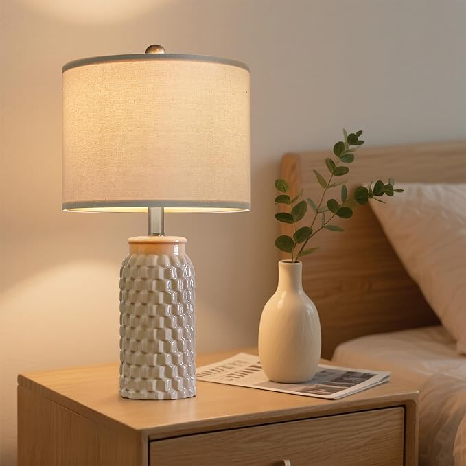 20.5" Set of 2 Bedside Table Lamps Modern Cream Honeycomb Ceramic - Linen Shade, E26 Knob Switch for Living Room, Bedroom & Nightstand