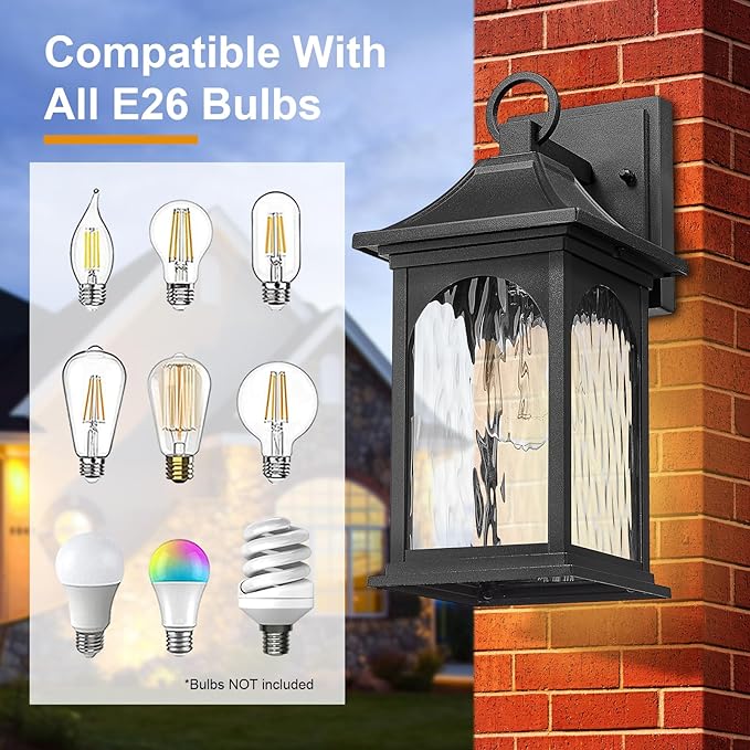 Porch Lights Outdoor Wall Light Fixtures 12.8 Inch with Water Ripple Glass, Black Wall Sconces Set of Two,Waterproof Aluminum Outside Lights for House Front Door Garage
