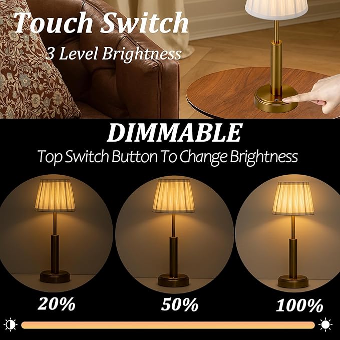 16'' Vintage Fabric Shade Rechargeable LED Table Lamp Touch Control Cordless USB Nightstand Lamp in Antique Brass with Stepless Dimming for Bedroom Dorm Living Room